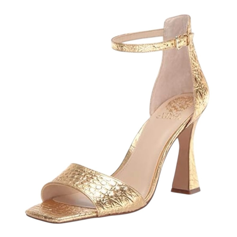 $119 Vince Camuto Ressera Gold Croc Embossed Sandal Heels with Ankle Strap, 6